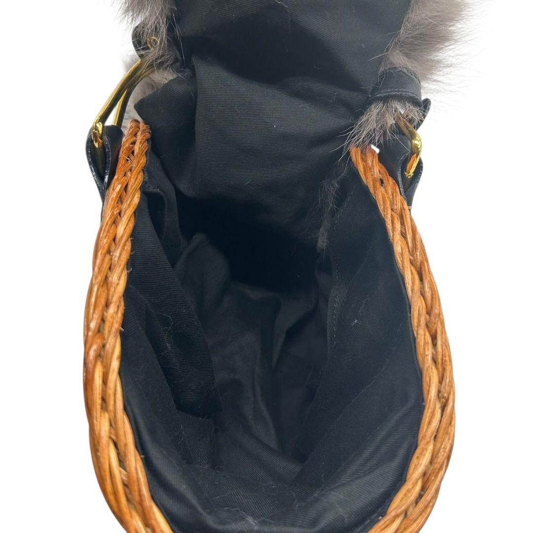 美品 ヴィオラドーロ かごバッグ 茶 ブラウン ファー グレー バケツ型 ラタン 自立可 ハンドバッグ トートバッグ ゴールド金具 VIOLAdORO F