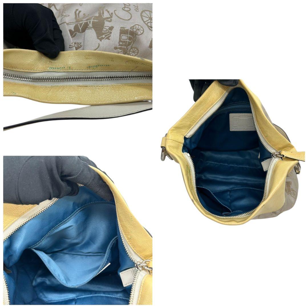 コーチ ショルダーバッグ 黄 イエロー ベージュ 馬車柄 ホースアンドキャリッジ 2way トートバッグ ハンドバッグ 斜め掛け可 ナイロン パテント s63 シルバー金具 COACH F16222