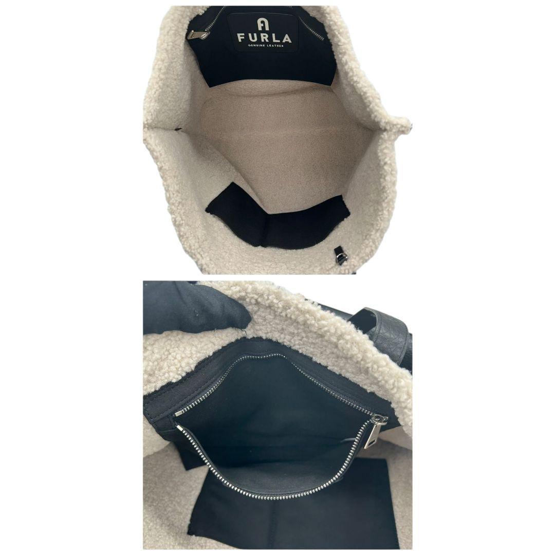 美品 フルラ トートバッグ 黒 ボア A4収納 レザー FURLA T6 本革 ハンドバッグ ブラック ロゴ ムートン 肩掛け可 ワンショルダー 自立可