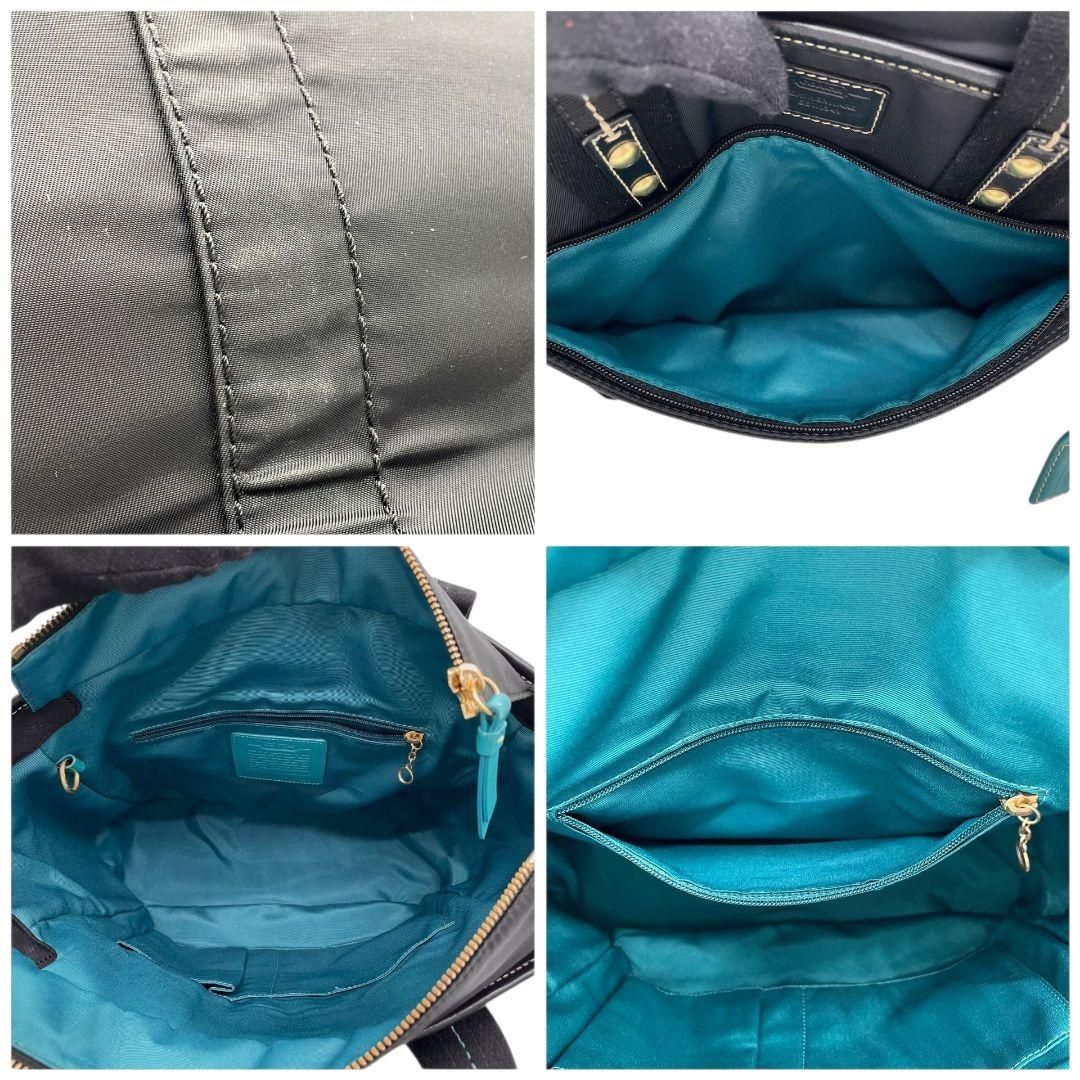 コーチ トートバッグ 黒 ナイロン ワンショルダー A4収納 u13 ハンドバッグ ロゴプレート レザー 本革 ブラック 自立可 肩掛け可 肩かけ可 ゴールド金具 チャーム付き COACH F10695