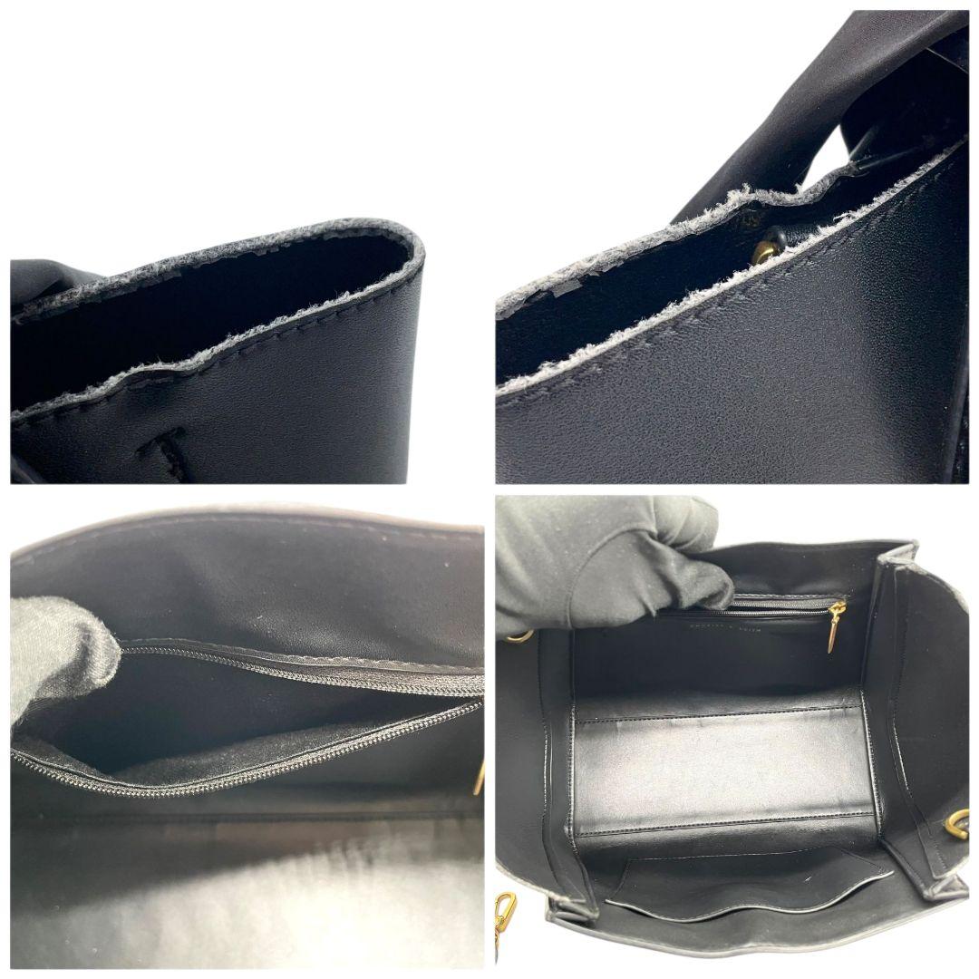 美品 チャールズアンドキース ハンドバッグ 黒 フラップ 2way 斜め掛け可 T4 ショルダーバッグ トートバッグ CHARLES & KEITH レザー 本革 ロゴ ゴールド金具 自立可 ブラック