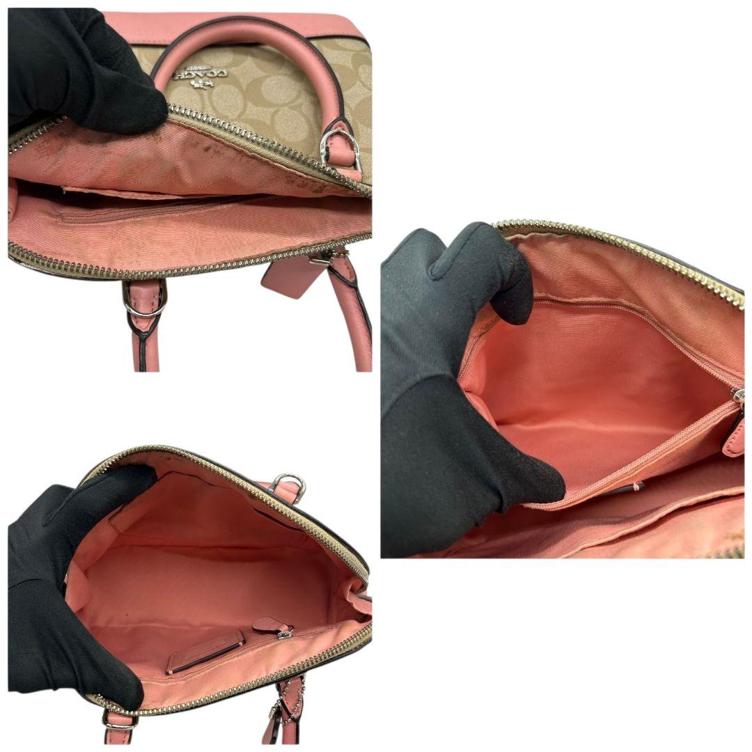 コーチ ハンドバッグ ピンク シグネチャー ミニシエラ 2way PVC s35 斜め掛け可 ショルダーバッグ トートバッグ ブラウン 茶 シルバー金具 レザー 本革 ロゴタグ COACH サッチェル