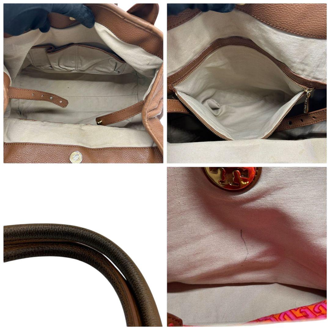 TORY BURCH トリーバーチ トートバッグ ブラウン 茶 デカロゴ パンチング レザー 本革 ワンショルダー ハンドバッグ 肩掛け可 自立可 ゴールド金具 s88 おしゃれ 高級感