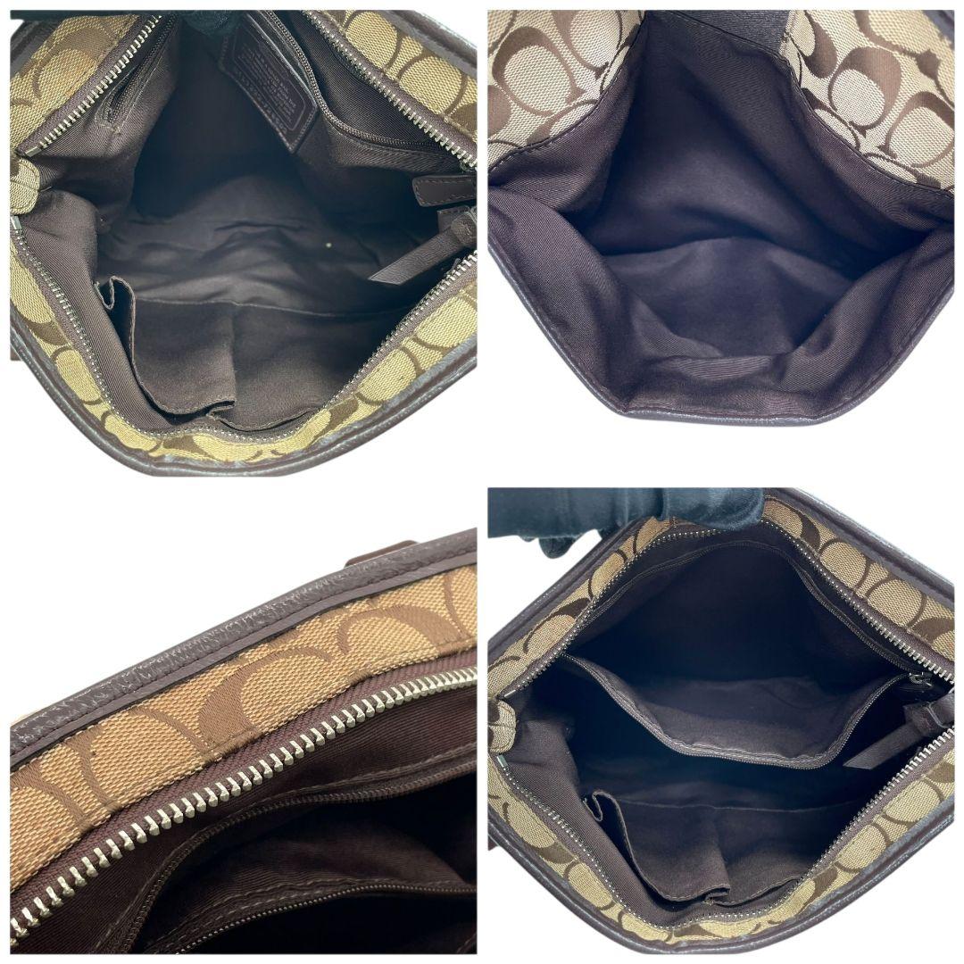 コーチ ショルダーバッグ 茶 シグネチャー 斜め掛け可 A4収納 T7 COACH キャンバス レザー 本革 シルバー金具 F28502 ブラウン