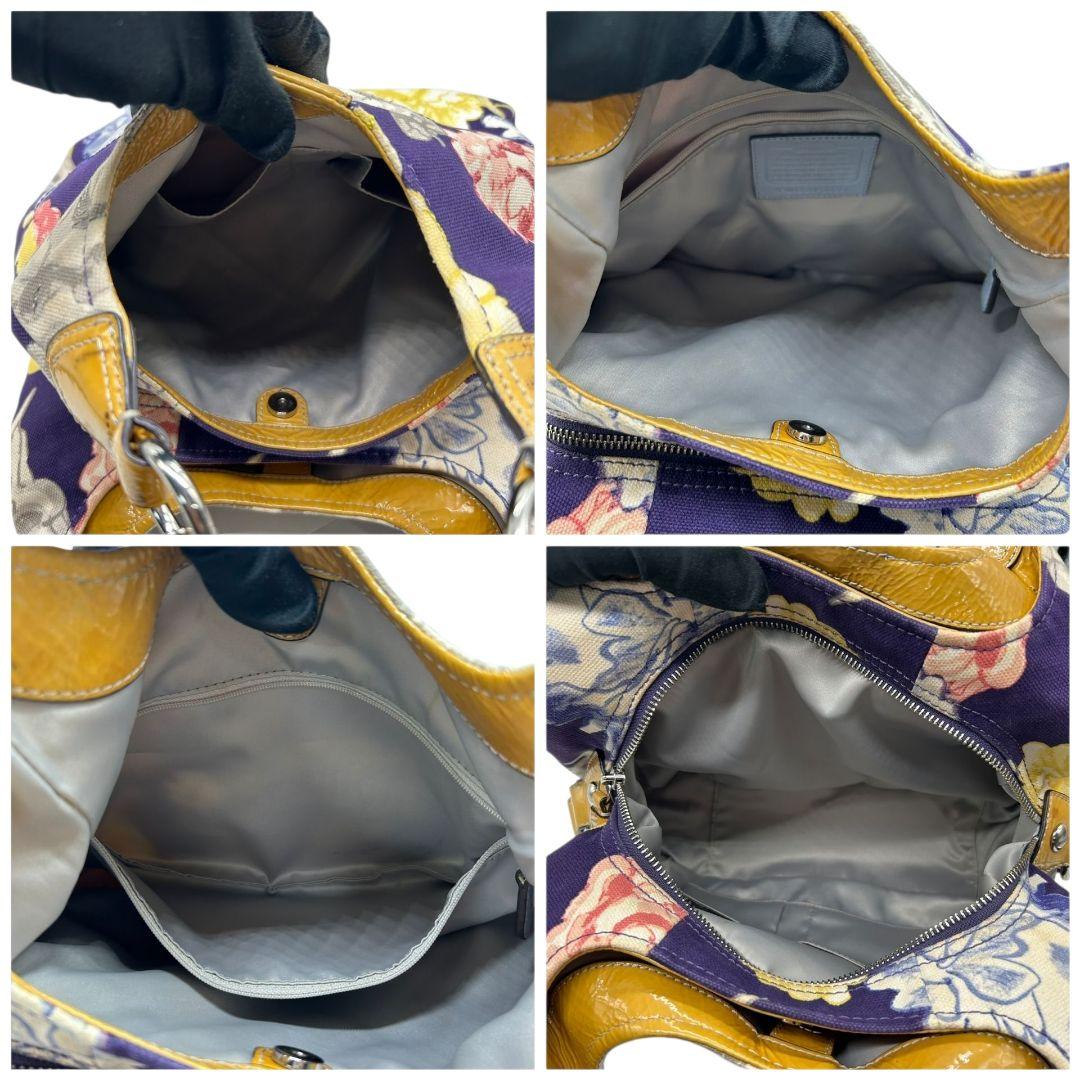 コーチ ハンドバッグ 黄 ポピー フローラル キャンバス マディソン 本革 U9 23351 肩掛け可 肩かけ可 トートバッグ ショルダーバッグ パープル イエロー シルバー金具 パテントレザー ロゴタグ COACH マギー ワンショル