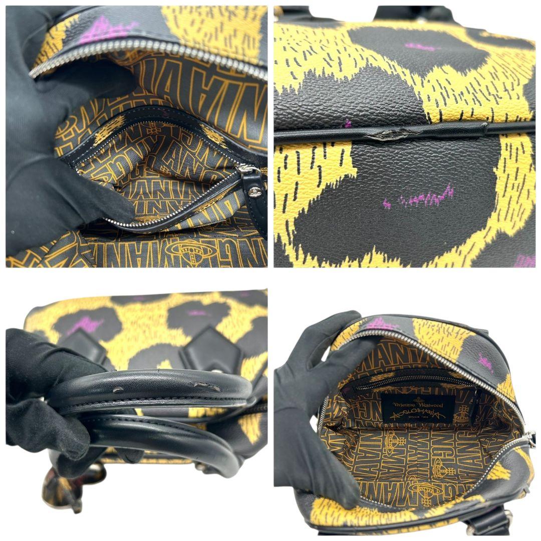 ヴィヴィアンウエストウッド ハンドバッグ 2WAY ショルダーバッグ 黒 ブラック レオパード柄 イエロー PVC アングロマニア トートバッグ オーブ チャーム付き