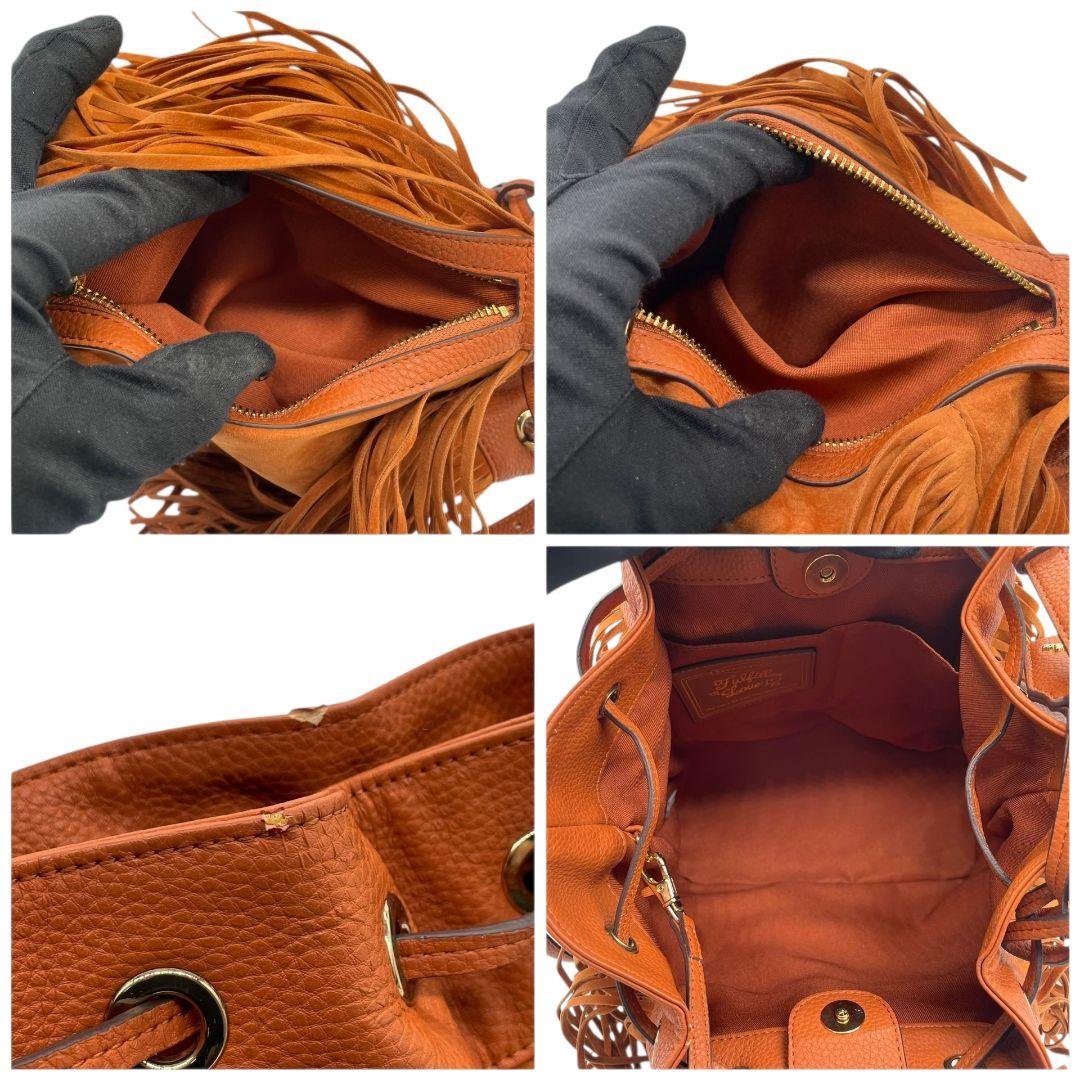 サマンサベガ ショルダーバッグ オレンジ ブラウン 茶 フリンジ 巾着 斜め掛け可 スウェード レザー 本革 ゴールド金具 チャーム付き ロゴ s16 Samantha Vega