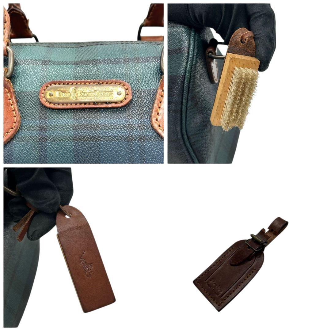 美品 POLO RALPH LAUREN ポロラルフローレン ミニボストン 2way ショルダー 斜め掛け可 タータンチェック PVC レザー 本革 自立可 グリーン ネイビー ロゴ N
