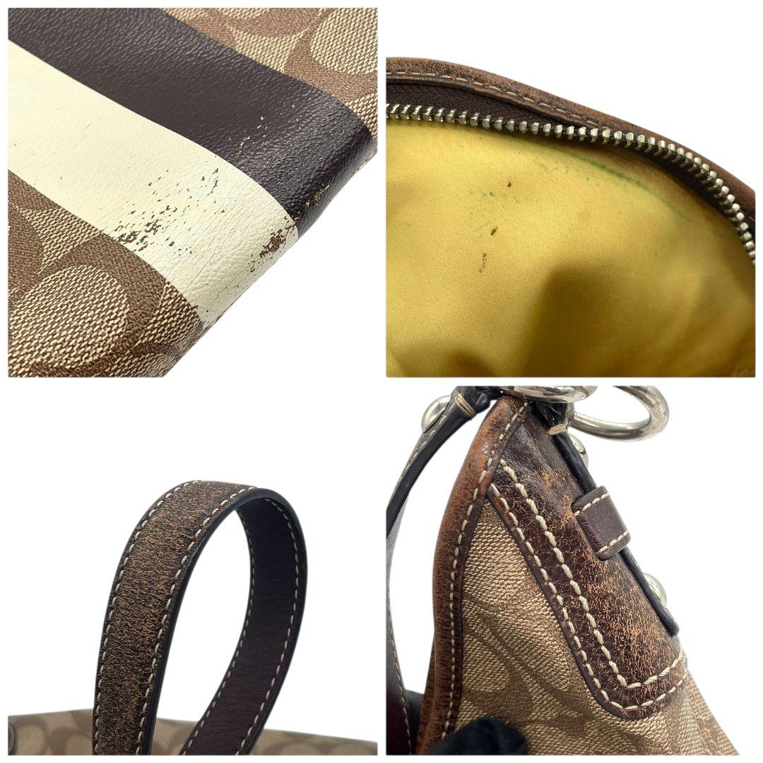 コーチ ショルダーバッグ 茶 シグネチャー ストライプ PVC 2way s9 A4収納 斜め掛け可 トートバッグ ハンドバッグ ワンショルダー ブラウン シルバー金具 ロゴプレート レザー 本革 COACH F14476