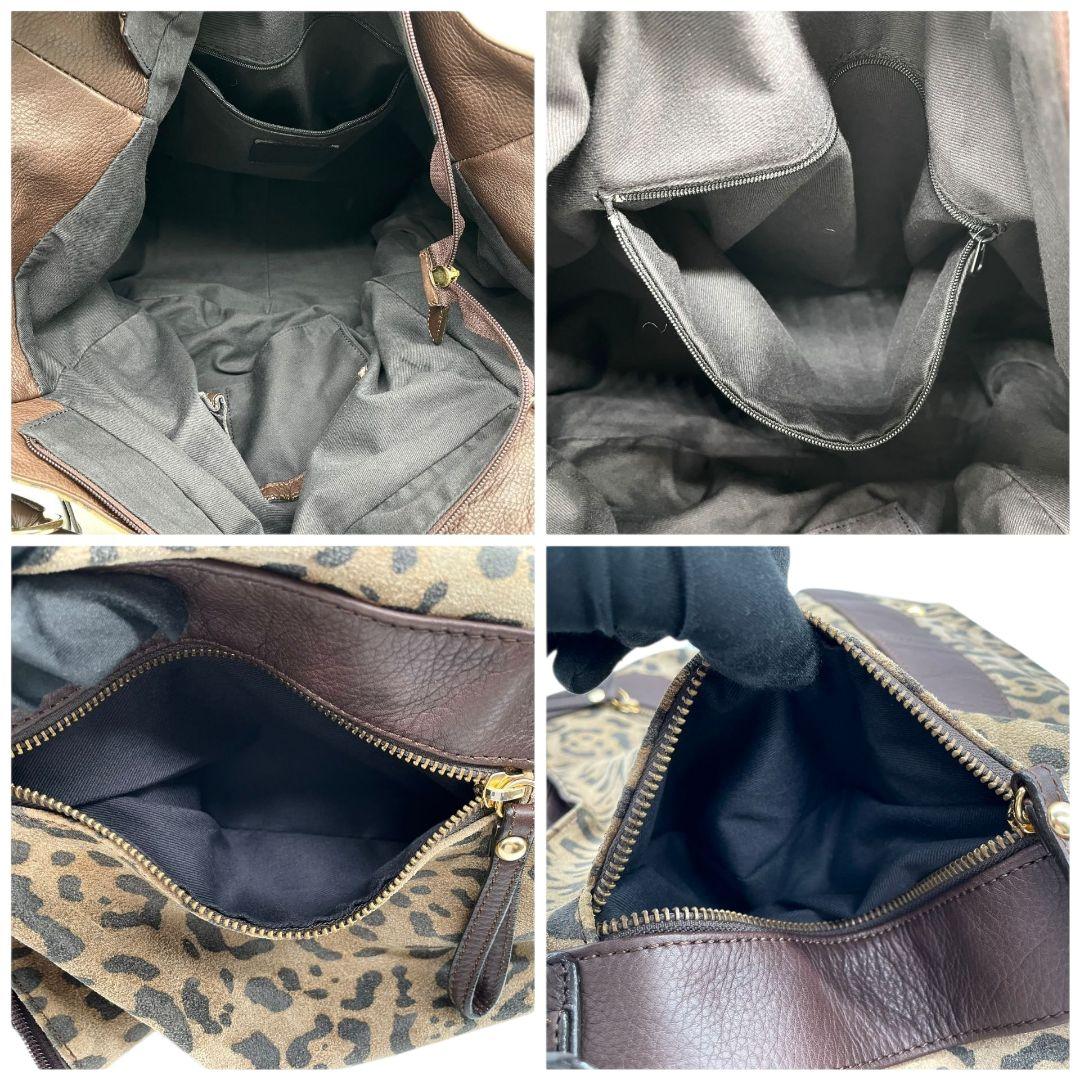 Kitamura キタムラ ハンドバッグ ブラウン 茶 ヒョウ柄 レオパード A4収納 トートバッグ ワンショル スエード レザー 本革 肩掛け可 ゴールド金具 ロゴ T7 上品 高級感