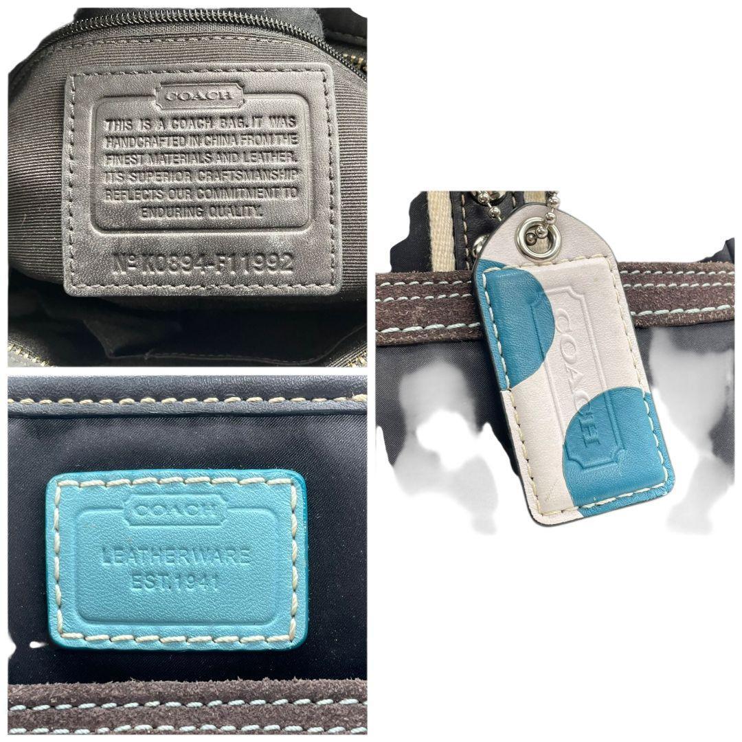 コーチ COACH ハンドバッグ トートバッグ ブラック 水色 ナイロン レザー 本革 ロゴプレート チャーム付き 自立可 シルバー金具 F11992 s46 レディース