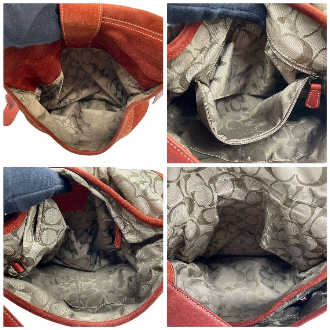 美品 コーチ ショルダーバッグ 赤 フラップ スエード レザー 本革 斜め掛け可 T4 レッド オレンジ ゴールド金具 ロゴタグ COACH G3S-9483