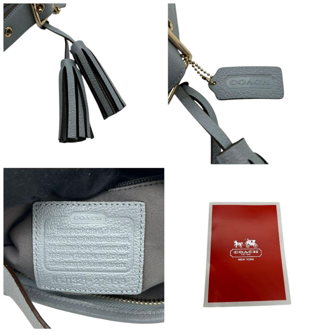 極 美品 COACH コーチ ショルダーバッグ トート 2way シグネチャー エンボス 斜め掛け可 ワンショルダー レザー 本革 グレー×ライトブルー ロゴタグ タッセル ゴールド金具 T6