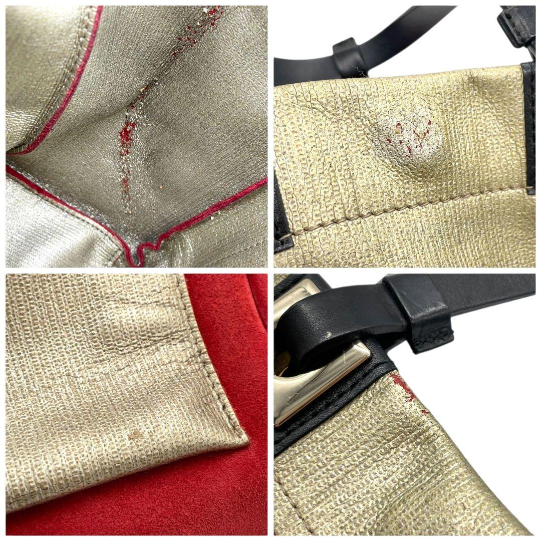 フルラ ハンドバッグ 赤 バイカラー スエード レザー 本革 FURLA T8 トートバッグ ゴールド金具 シルバー金具 ロゴプレート レッド ゴールド