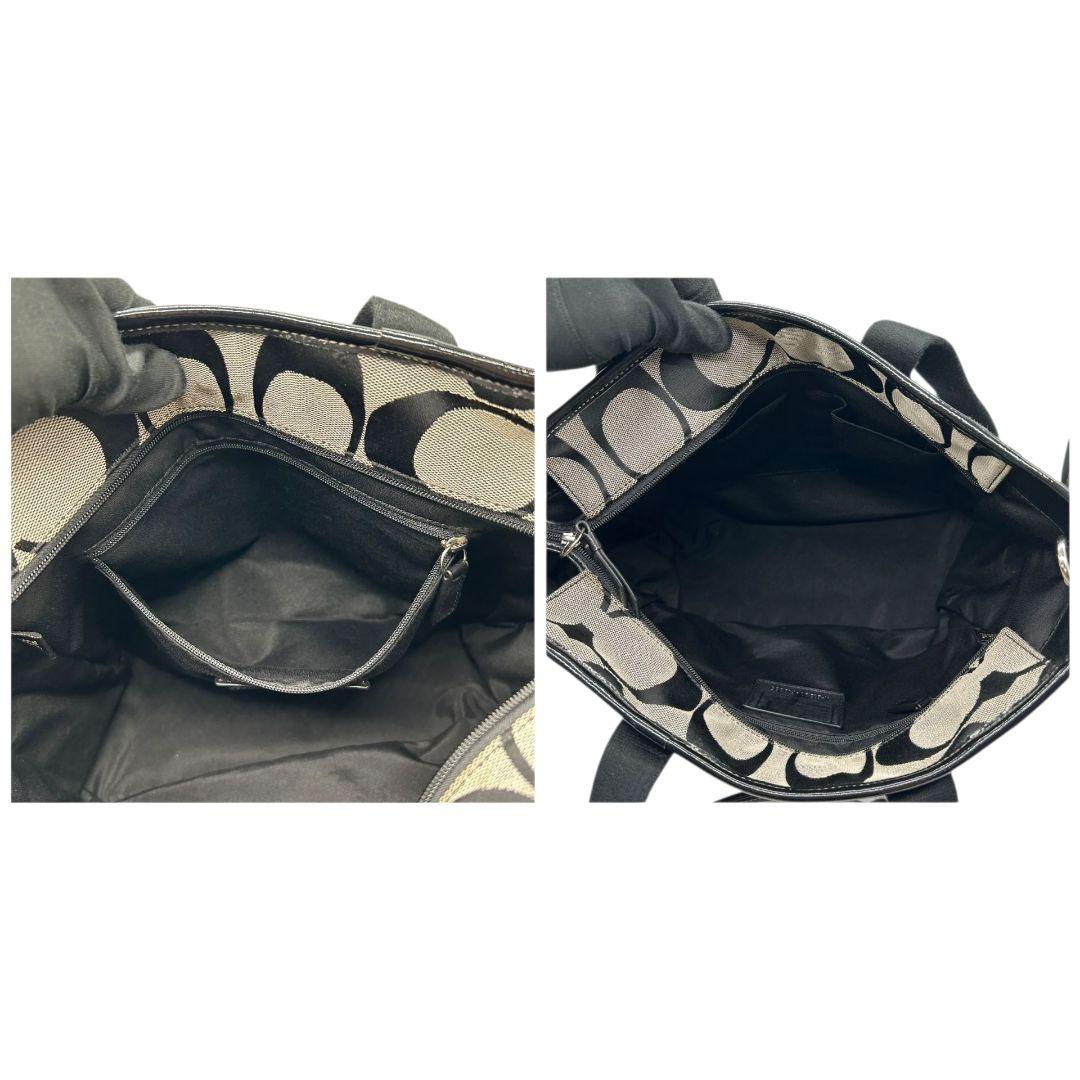 COACH コーチ トートバッグ ブラック 黒 グレー シグネチャー 2WAY キャンバス レザー 本革 ハンドバッグ ショルダーバッグ 斜め掛け可 肩掛け可 シルバー金具 チャーム付き ロゴタグ s87 18855