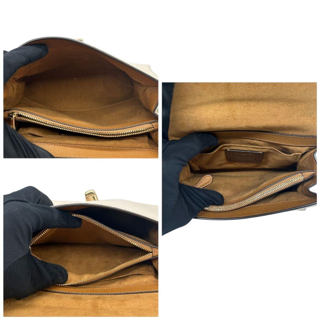 美品 コーチ COACH ハンドバッグ 型押し フラップ 2WAY ショルダーバッグ ホワイト ベージュ ブラウン ターンロック 自立可 レザー 本革 81789