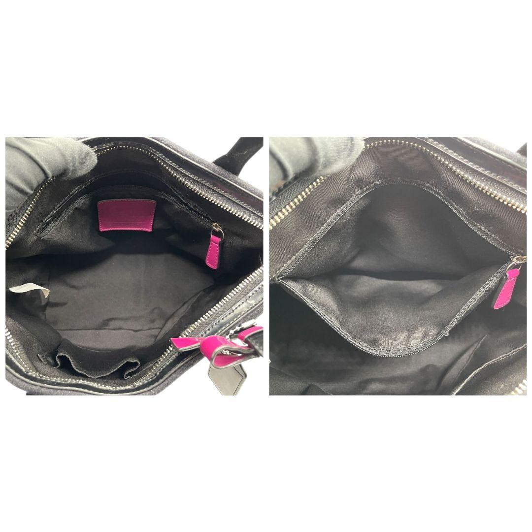 美品 コーチ トートバッグ グレー ブラック パープル ボーダー ウール パテントレザー 本革 ハンドバッグ 自立可 シルバー金具 ロゴタグ ロゴプレート COACH F24786 上品 おしゃれ