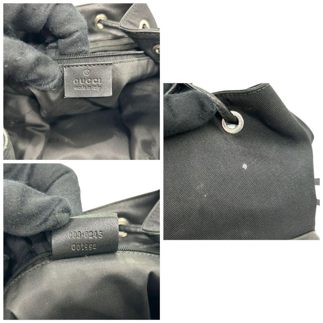 GUCCI グッチ バックパック リュック 黒 ブラック ナイロン レザー 本革 フラップ ロック金具 シルバー金具 ロゴプレート 自立可 メンズ レディース