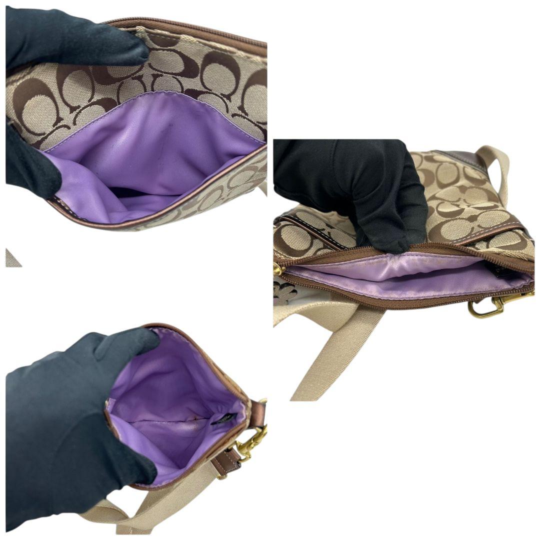 美品 コーチ ショルダーバッグ 茶 シグネチャー 斜め掛け可 キャンバス s63 ブラウン チャーム付き ロゴタグ ゴールド金具 COACH