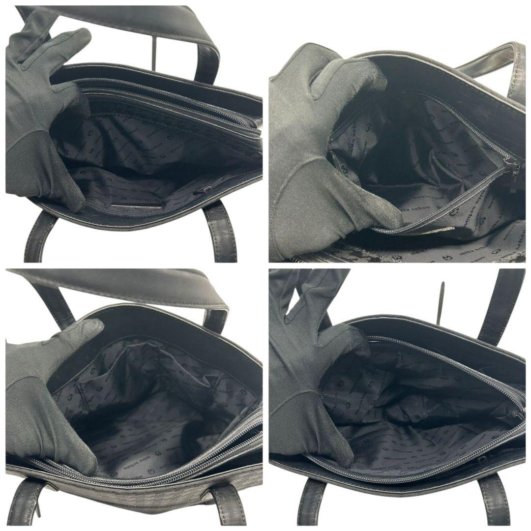 ミラショーン ハンドバッグ 黒 ブラック 千鳥格子 ワンショルダー トートバッグ 自立可 肩掛け可 ナイロン レザー 本革 ゴールド金具 ロゴ s62 mila schon 上品 高級