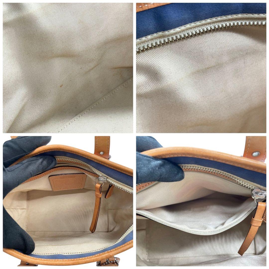 コーチ ハンドバッグ 茶 ボーダー柄 キャンバス レザー COACH u14 トートバッグ 本革 シルバー金具 ロゴタグ ブラウン レッド ブルー ホワイト