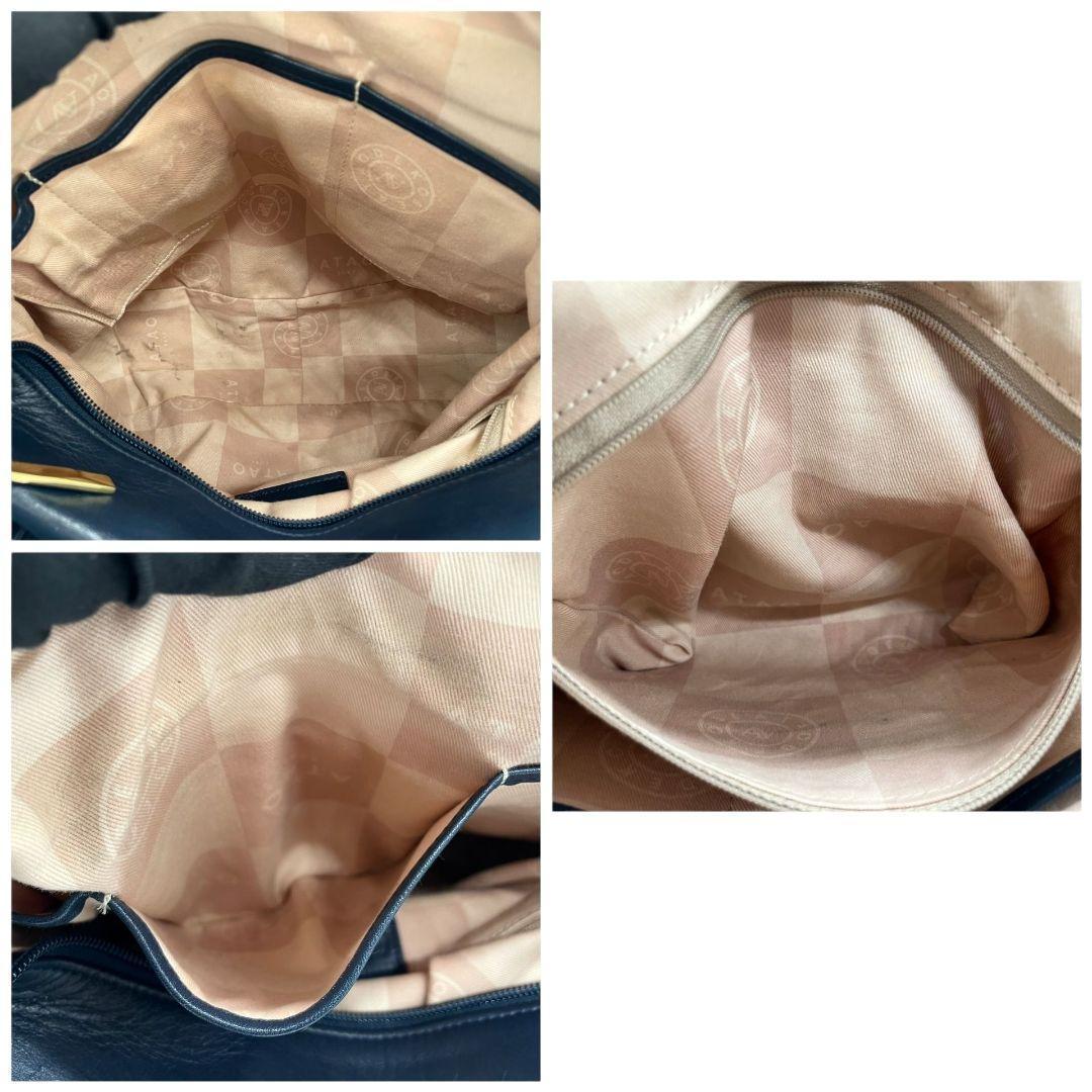 アタオ ハンドバッグ 2way 紺 エミュ レザー ギャザー A4収納 斜め掛け可 ゴールド金具 ロゴプレート 自立可 ATAO ショルダーバッグ トートバッグ