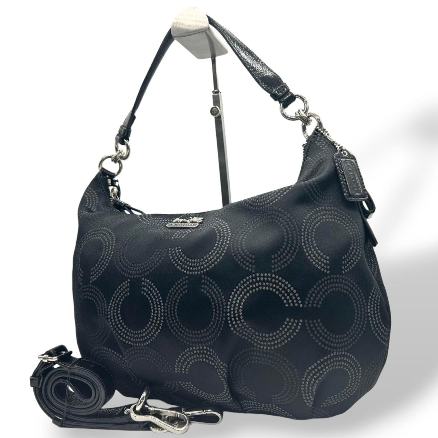 【美品】COACH コーチ オプアート 2WAY ショルダーバッグ ハンドバッグ 15929 ワンショルダー ホーボーバッグ ドット柄 サークルロゴ ナイロン レザー ブラック レディース 軽量 エレガント 通勤 通学 クリーニング済み E5