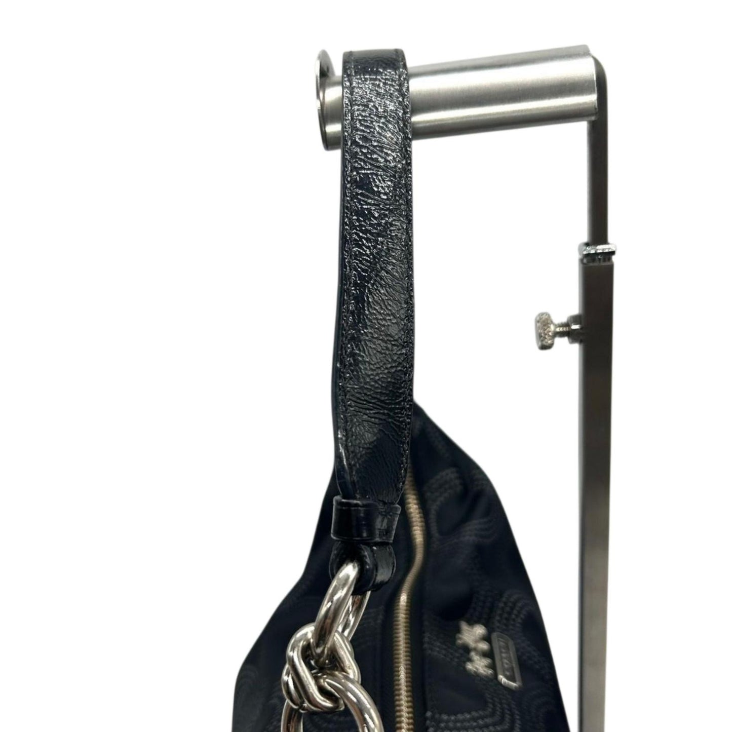 【美品】COACH コーチ オプアート 2WAY ショルダーバッグ ハンドバッグ 15929 ワンショルダー ホーボーバッグ ドット柄 サークルロゴ ナイロン レザー ブラック レディース 軽量 エレガント 通勤 通学 クリーニング済み E5