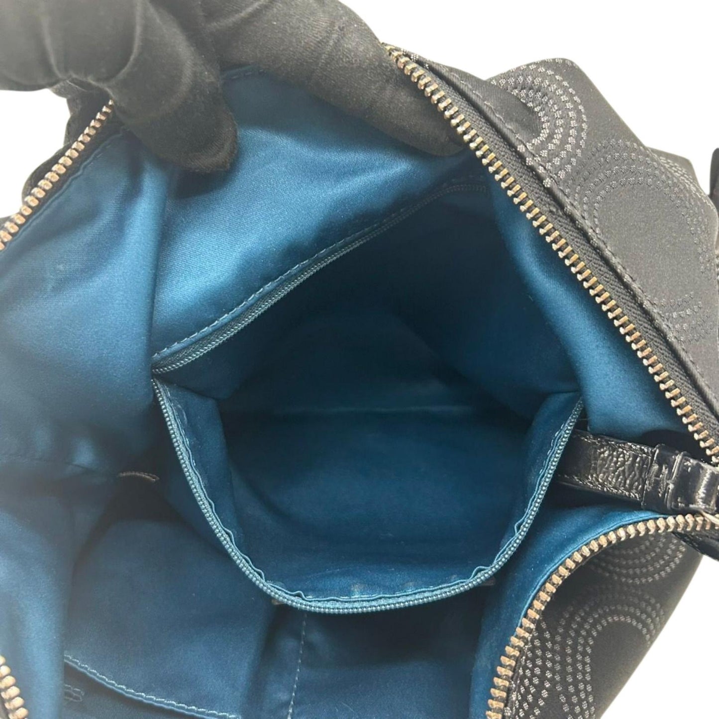 【美品】COACH コーチ オプアート 2WAY ショルダーバッグ ハンドバッグ 15929 ワンショルダー ホーボーバッグ ドット柄 サークルロゴ ナイロン レザー ブラック レディース 軽量 エレガント 通勤 通学 クリーニング済み E5