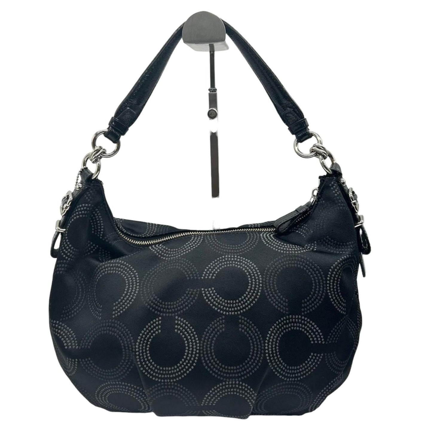 【美品】COACH コーチ オプアート 2WAY ショルダーバッグ ハンドバッグ 15929 ワンショルダー ホーボーバッグ ドット柄 サークルロゴ ナイロン レザー ブラック レディース 軽量 エレガント 通勤 通学 クリーニング済み E5