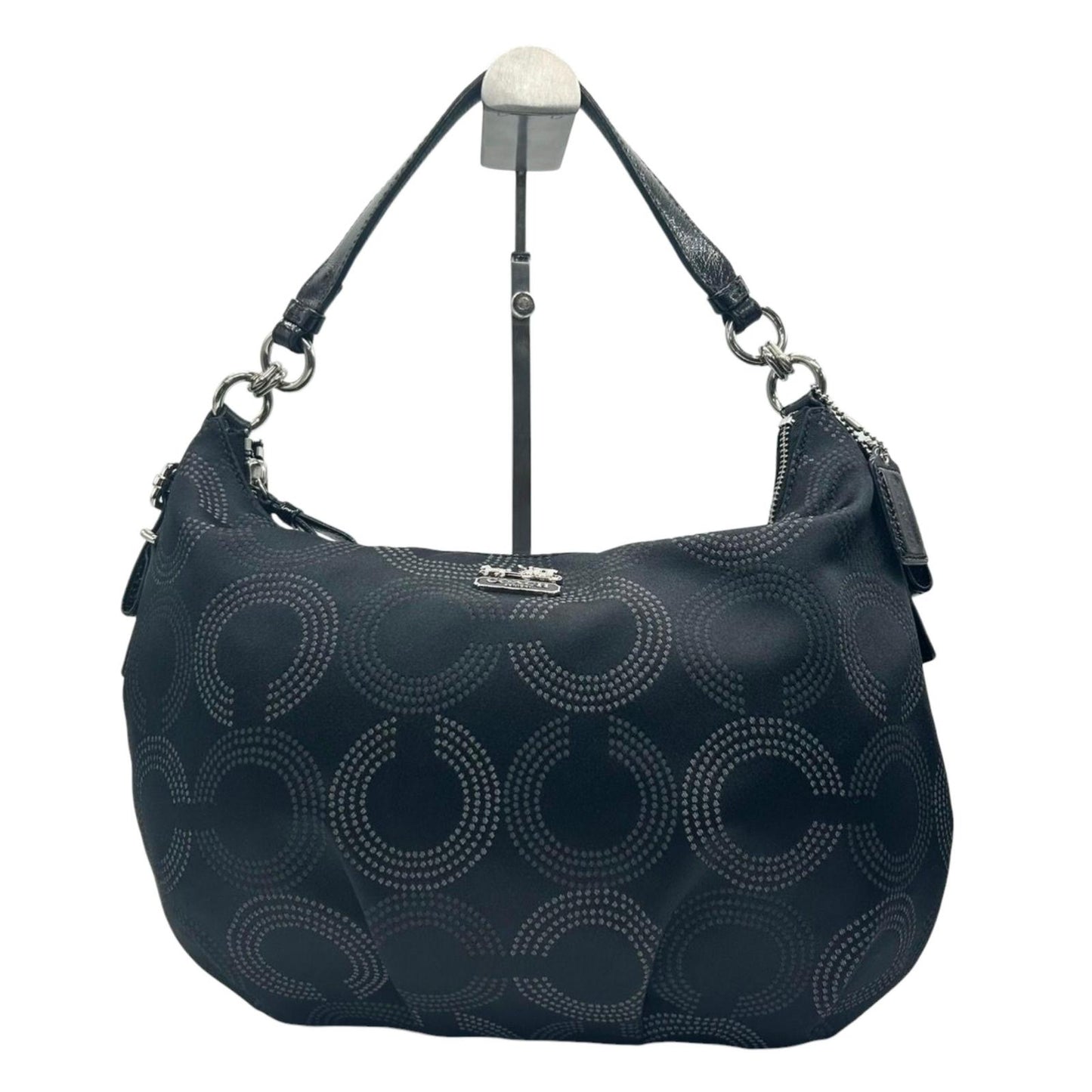 【美品】COACH コーチ オプアート 2WAY ショルダーバッグ ハンドバッグ 15929 ワンショルダー ホーボーバッグ ドット柄 サークルロゴ ナイロン レザー ブラック レディース 軽量 エレガント 通勤 通学 クリーニング済み E5