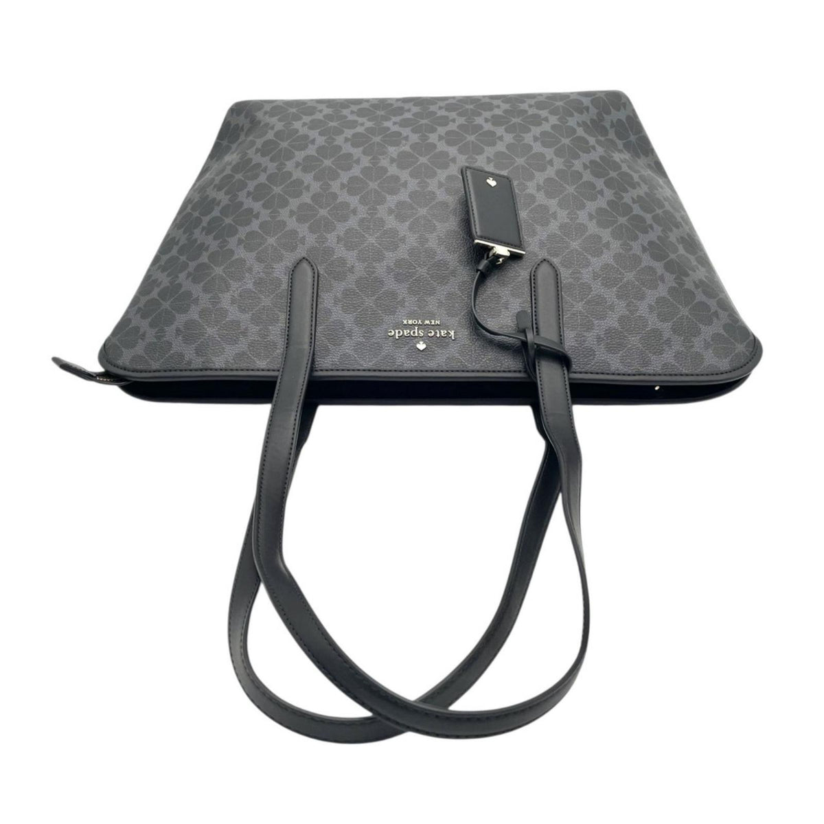美品 kate spade ケイトスペード トートバッグ ラージ シグネチャー スペード フラワー KG086 ブラックマルチ PVC レザー A4収納 大容量 肩掛け ファスナー開閉 レディース 通勤 通学 エレガント ロゴ S86
