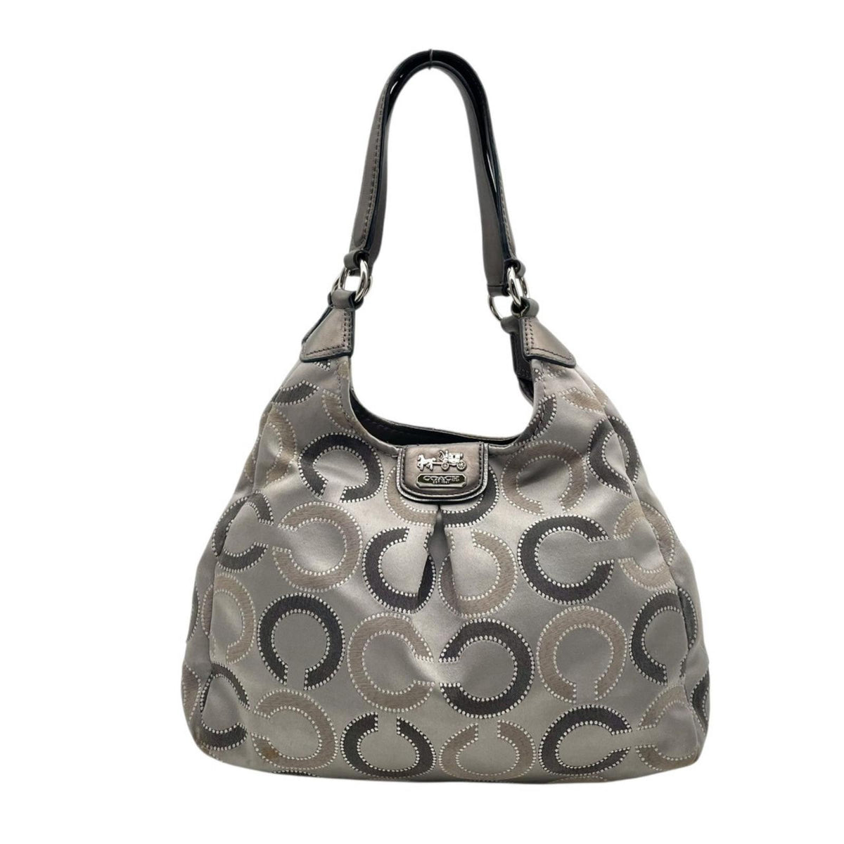 COACH コーチ マディソン オプアート マギー ショルダーバッグ 21215 グレー キャンバス レザー シグネチャー C柄 ホーボー 肩掛け 大容量 ファスナー開閉 シルバー金具 レディース 通勤 エレガント A4収納 S86