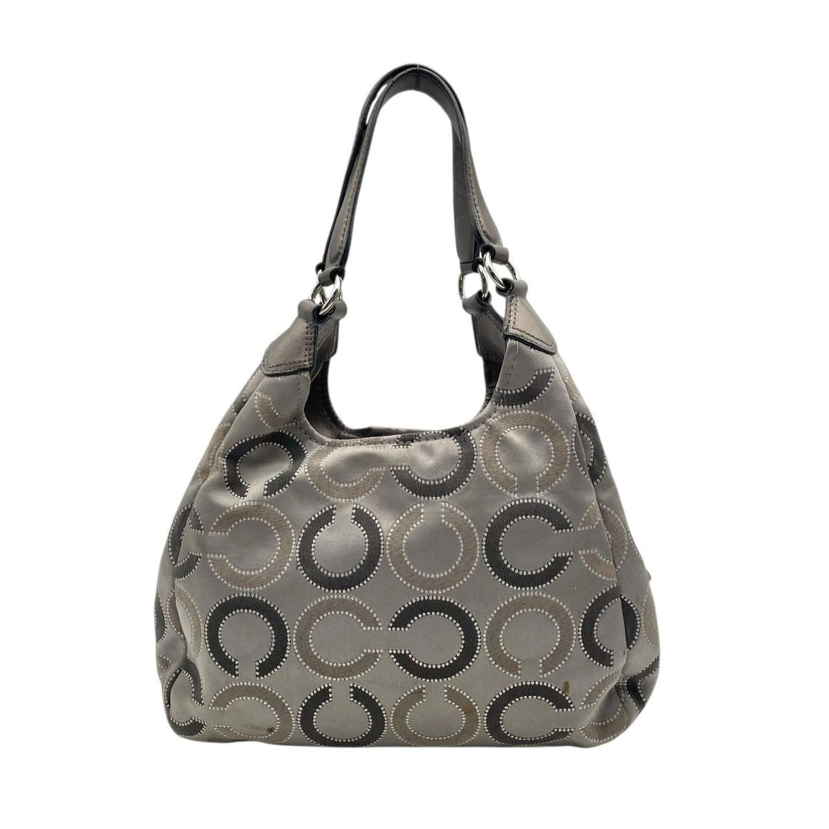 COACH コーチ マディソン オプアート マギー ショルダーバッグ 21215 グレー キャンバス レザー シグネチャー C柄 ホーボー 肩掛け 大容量 ファスナー開閉 シルバー金具 レディース 通勤 エレガント A4収納 S86