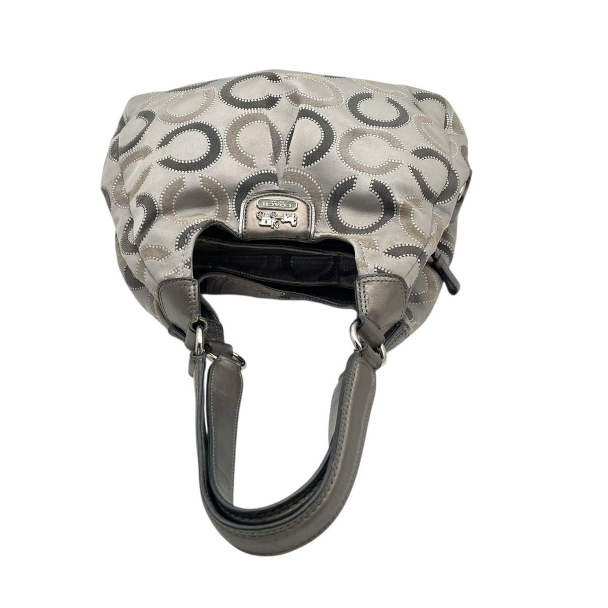 COACH コーチ マディソン オプアート マギー ショルダーバッグ 21215 グレー キャンバス レザー シグネチャー C柄 ホーボー 肩掛け 大容量 ファスナー開閉 シルバー金具 レディース 通勤 エレガント A4収納 S86