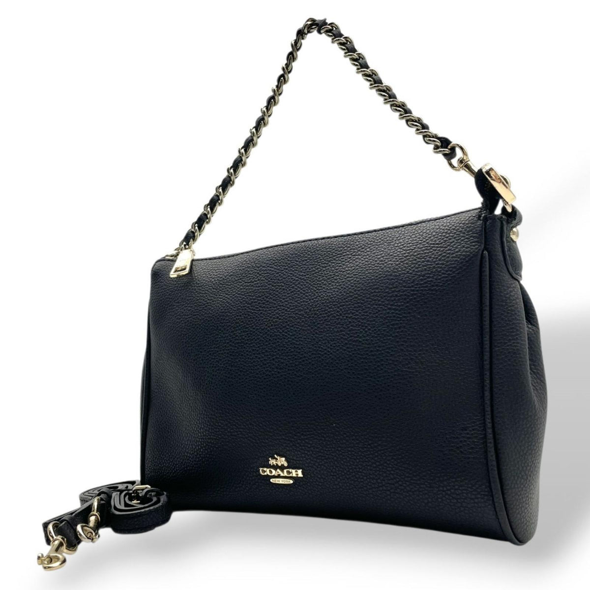 COACH コーチ ショルダーバッグ 2WAY ペブルドレザー 黒 ブラック F22215 チェーン ゴールド金具 本革 斜め掛け 肩掛け クロスボディ ハンドバッグ ファスナー開閉 レディース シンプル 上品 エレガント S86