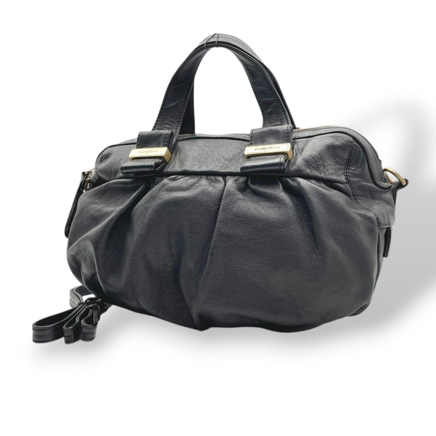 シーバイクロエ SeeByChloe 2way ハンドバッグ ショルダーバッグ クロスボディ サッチェル カバン 鞄 レザー 本革 ブラック 黒 ギャザー ゴールド金具 斜め掛け可 レディース エレガント クラシック カジュアル デイリーユース 通勤 通学 お出かけ 旅行 普段使い 良品 S23