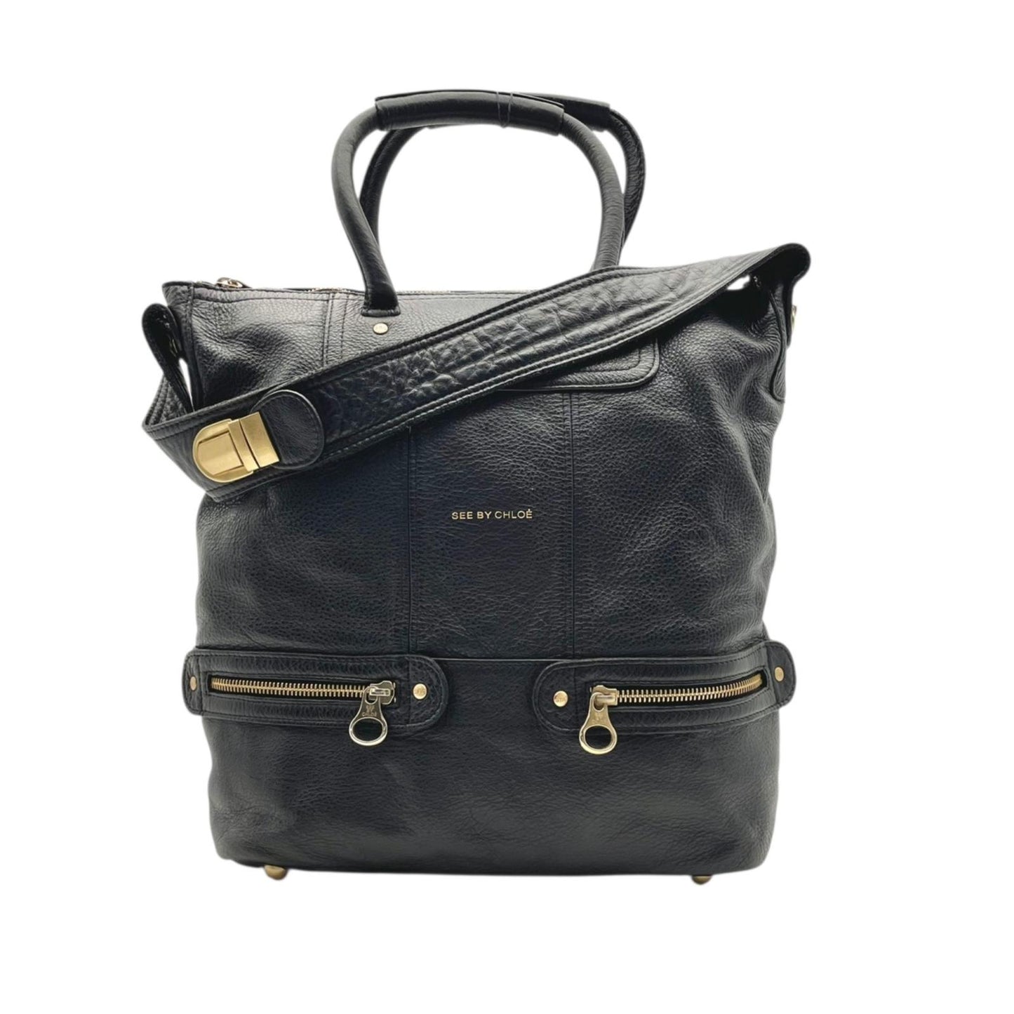 シーバイクロエ SeeByChloe 2way ハンドバッグ ショルダーバッグ 肩掛け カバン 鞄 レザー 本革 ブラック 黒 プリーツ ギャザー ゴールド金具 レディース エレガント クラシック カジュアル 通勤 通学 お出かけ デイリー 普段使い 良品 S23