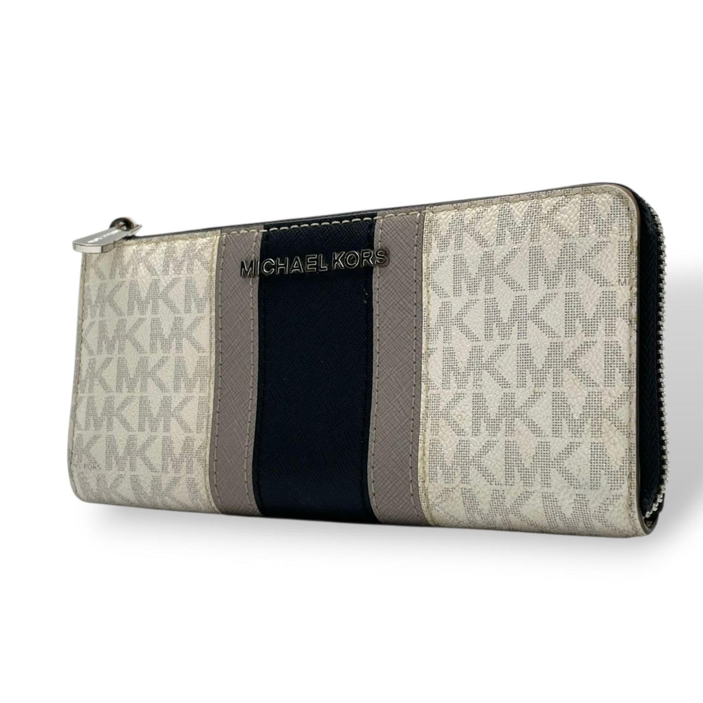マイケルコース MICHAEL KORS 長財布 ラウンドファスナー ウォレット PVC レザー シグネチャー MK柄 ストライプ ロゴ 金具 ホワイト ブラック 白 黒 レディース ユニセックス 男女兼用 カジュアル 上品 デイリー トラベル 良品 W1