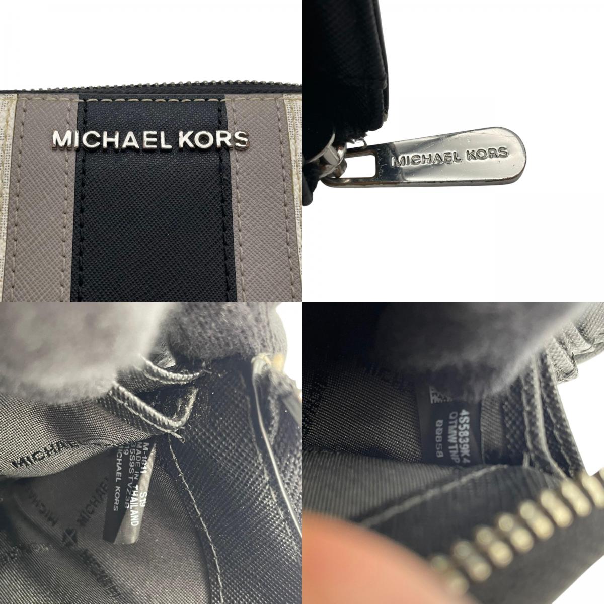 マイケルコース MICHAEL KORS 長財布 ラウンドファスナー ウォレット PVC レザー シグネチャー MK柄 ストライプ ロゴ 金具 ホワイト ブラック 白 黒 レディース ユニセックス 男女兼用 カジュアル 上品 デイリー トラベル 良品 W1