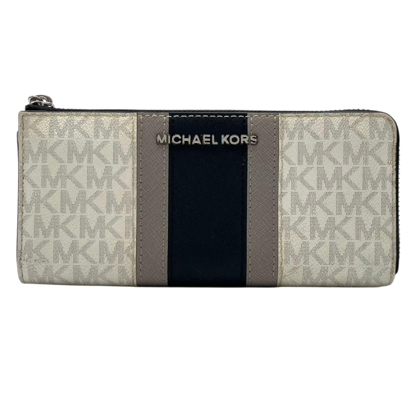 マイケルコース MICHAEL KORS 長財布 ラウンドファスナー ウォレット PVC レザー シグネチャー MK柄 ストライプ ロゴ 金具 ホワイト ブラック 白 黒 レディース ユニセックス 男女兼用 カジュアル 上品 デイリー トラベル 良品 W1