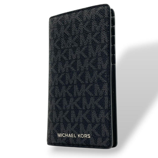 美品 マイケルコース MICHAEL KORS 手帳型 スマホケース 携帯カバー モバイルケース MKシグネチャー PVC レザー ネイビー 紺 総柄 ロゴ シルバー金具 エレガント クラシック 小物 アクセサリー ユニセックス メンズ レディース 通勤 通学 デイリー 状態良好 M5
