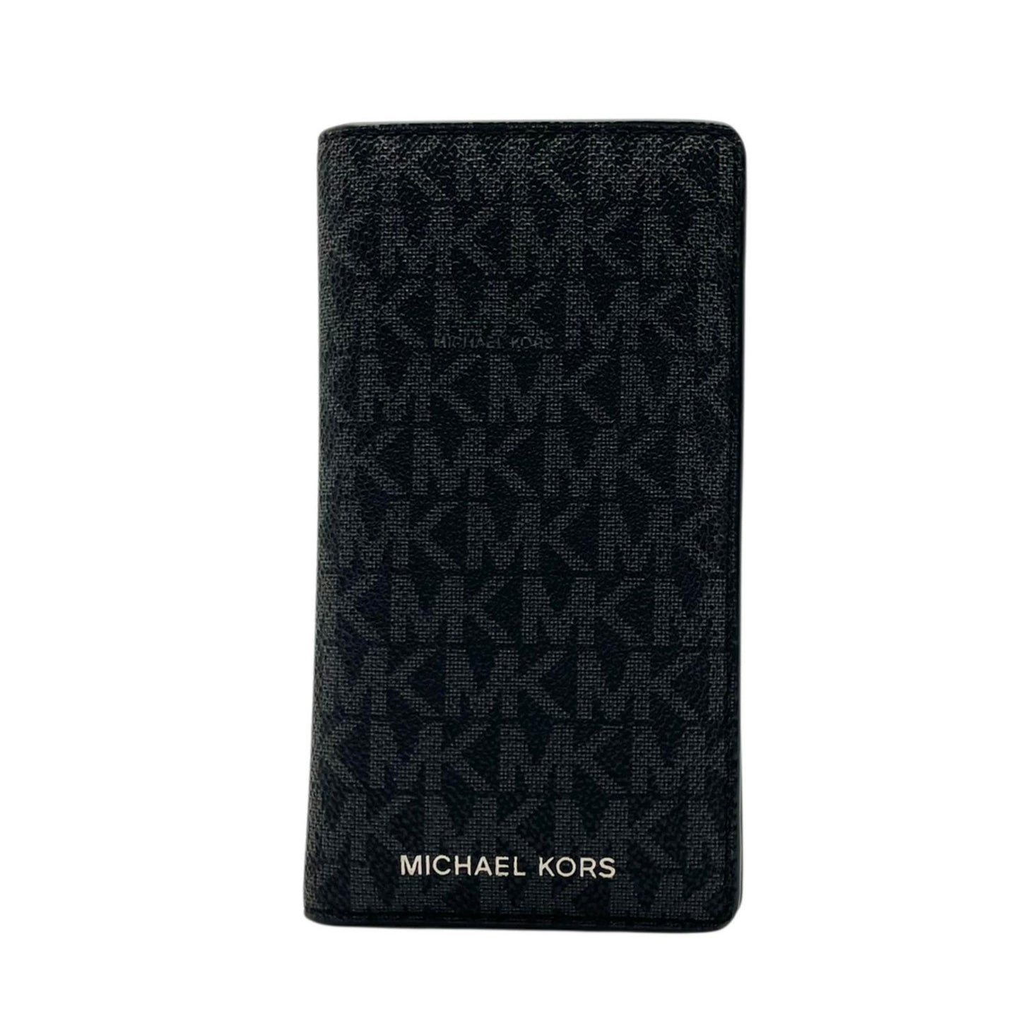 美品 マイケルコース MICHAEL KORS 手帳型 スマホケース 携帯カバー モバイルケース MKシグネチャー PVC レザー ネイビー 紺 総柄 ロゴ シルバー金具 エレガント クラシック 小物 アクセサリー ユニセックス メンズ レディース 通勤 通学 デイリー 状態良好 M5