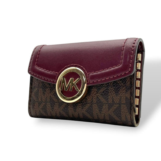 良品 マイケルコース MICHAEL KORS キーケース 鍵入れ 6連 MKシグネチャー サークルロゴ PVC レザー ブラウン 茶 ワインレッド ボルドー ゴールド金具 エレガント クラシック バイカラー レディース ウィメンズ 小物 デイリー M5