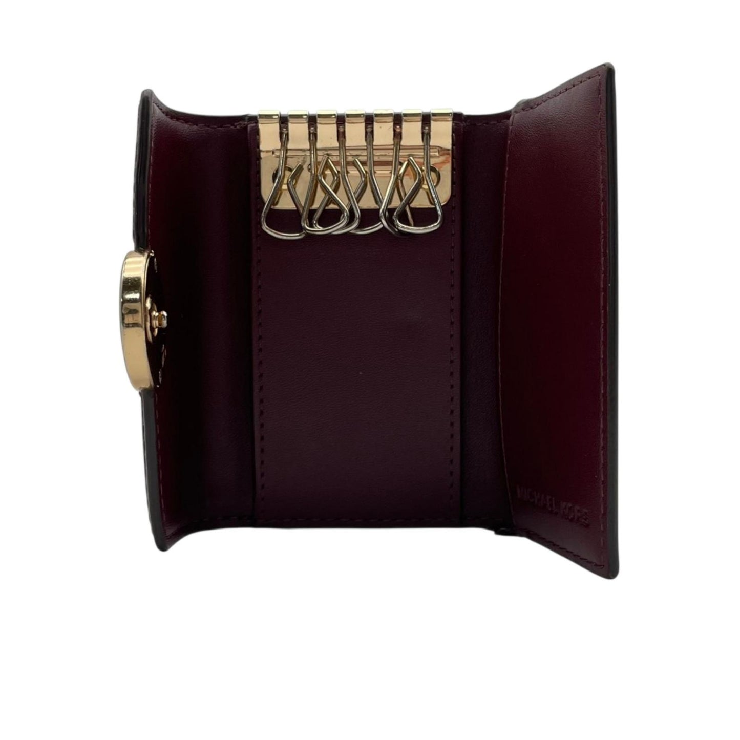 良品 マイケルコース MICHAEL KORS キーケース 鍵入れ 6連 MKシグネチャー サークルロゴ PVC レザー ブラウン 茶 ワインレッド ボルドー ゴールド金具 エレガント クラシック バイカラー レディース ウィメンズ 小物 デイリー M5