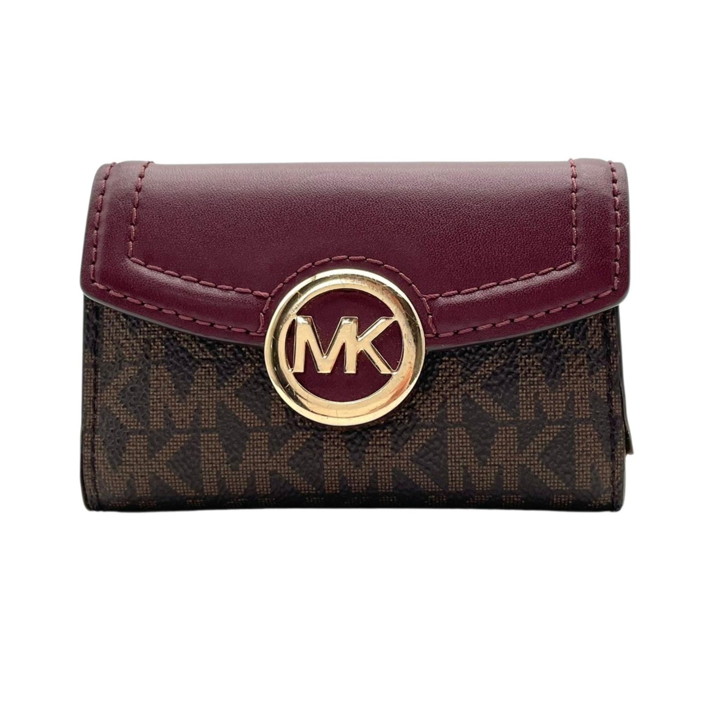 良品 マイケルコース MICHAEL KORS キーケース 鍵入れ 6連 MKシグネチャー サークルロゴ PVC レザー ブラウン 茶 ワインレッド ボルドー ゴールド金具 エレガント クラシック バイカラー レディース ウィメンズ 小物 デイリー M5