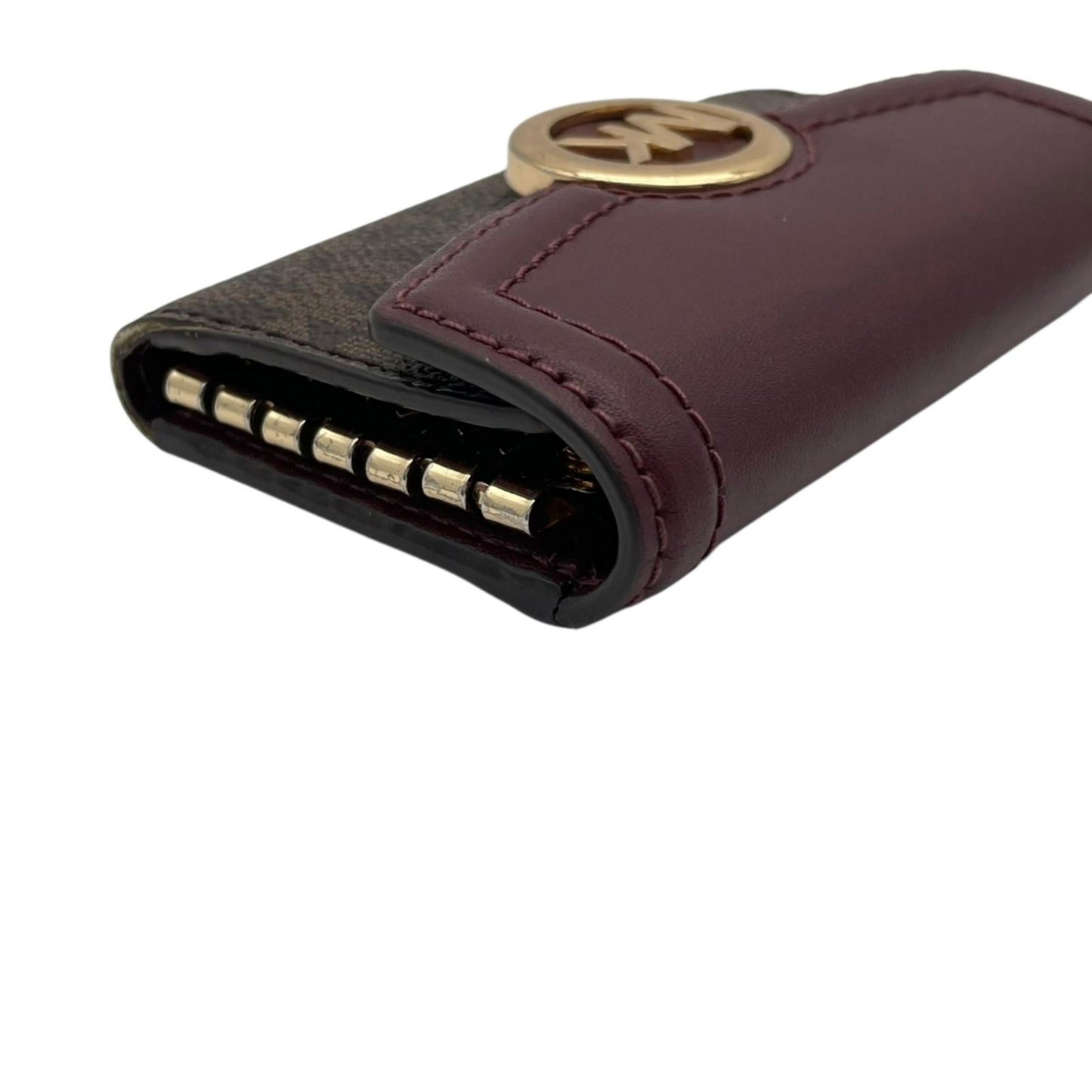 良品 マイケルコース MICHAEL KORS キーケース 鍵入れ 6連 MKシグネチャー サークルロゴ PVC レザー ブラウン 茶 ワインレッド ボルドー ゴールド金具 エレガント クラシック バイカラー レディース ウィメンズ 小物 デイリー M5