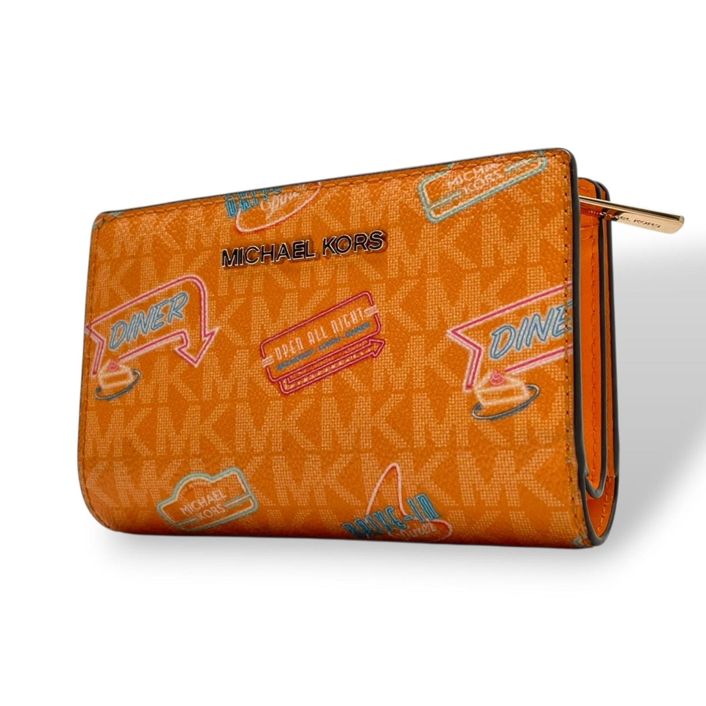 Michael Kors 二つ折り財布 L字ファスナー ウォレット PVCレザー オレンジ MKシグネチャー ダイナー ネオン パスケース 財布 コンパクト レディース ポップ カジュアル おしゃれ かわいい お出かけ 希少 W6