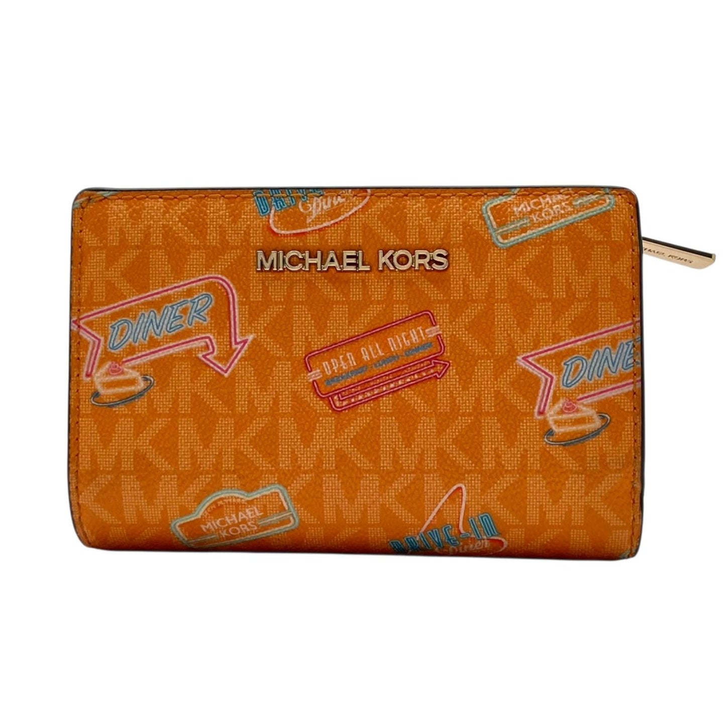 Michael Kors 二つ折り財布 L字ファスナー ウォレット PVCレザー オレンジ MKシグネチャー ダイナー ネオン パスケース 財布 コンパクト レディース ポップ カジュアル おしゃれ かわいい お出かけ 希少 W6