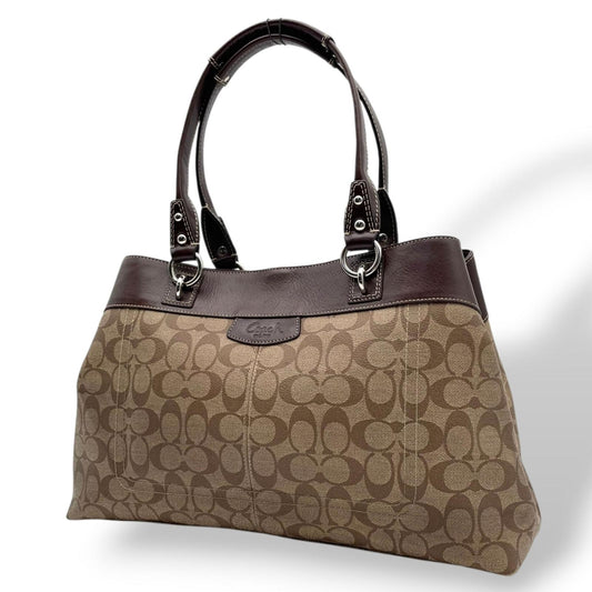 コーチ COACH シグネチャー トートバッグ PVC レザー ベージュ ブラウン ワンショルダー 自立可 A4サイズ収納可 がま口ポケット デザイン F15705 エレガント クラシック ビンテージスタイル 通勤 通学 ビジネス お出かけ 普段使い S9
